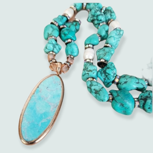 Hand Crafted Turquoise Pendant & Howlite Nugget Freshwater Pearl Beaded Necklace - Picture 3 of 15